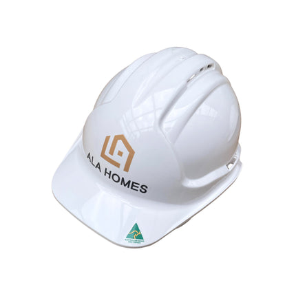 White hard hat with 'ALA HOMES' logo on a white background