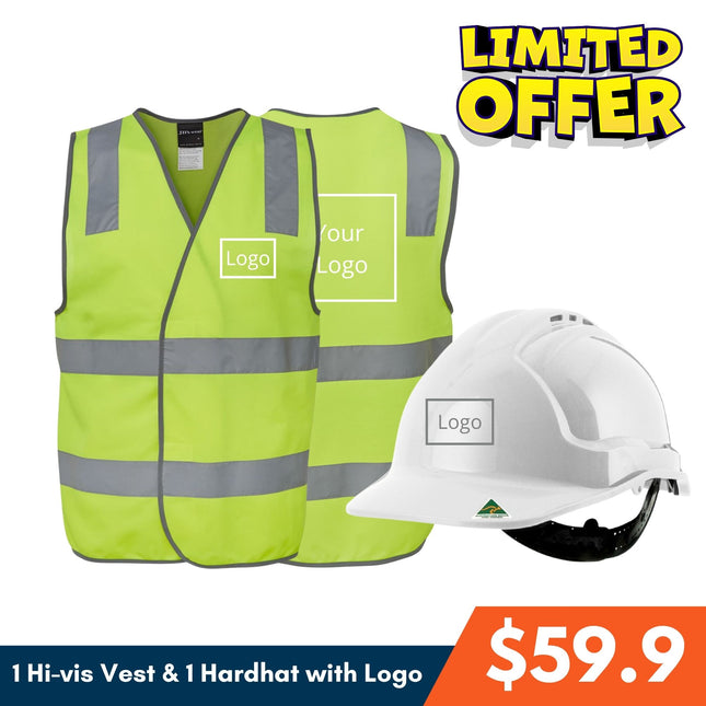 My Promo Shop Safety Essential Pack: custom hard hat & two yellow hi-vis vests with reflective stripes, all with your logo—just $59.9! Includes 3 free logo prints. Limited Offer displayed above for extra impact.
