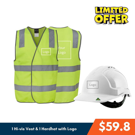 Displayed are two neon yellow custom-printed hi-vis vests featuring reflective stripes and a customizable logo, shown beside a white hard hat. The text announces a LIMITED OFFER: the Safety Essential Pack – Custom Hard Hat & Hi-Vis Vest with 3 Free Logo by My Promo Shop is available for $59.8 and includes one vest and one hard hat with your logo.