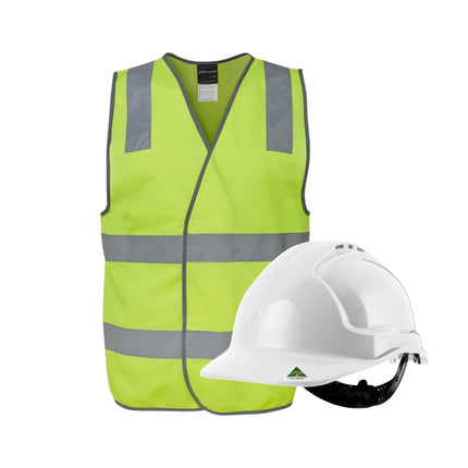 Yellow safety vest with reflective stripes and a white hard hat on a white background