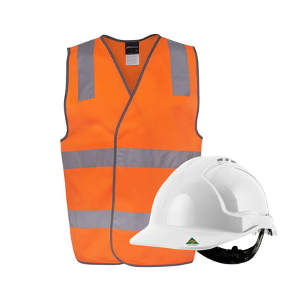 Orange safety vest and white hard hat on a white background