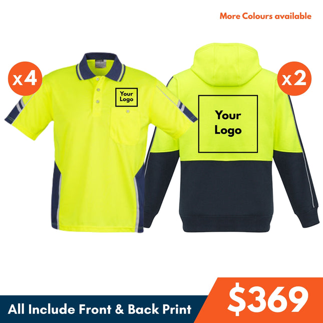 4 Safety Polo Shirt + 2 Hoodie, Front and Back DTF print