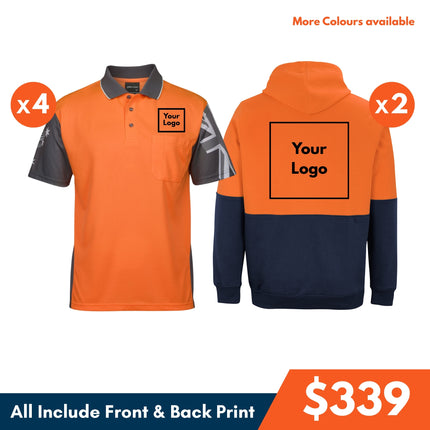 4 Safety Polo Shirt + 2 Hoodie, Front and Back DTF print