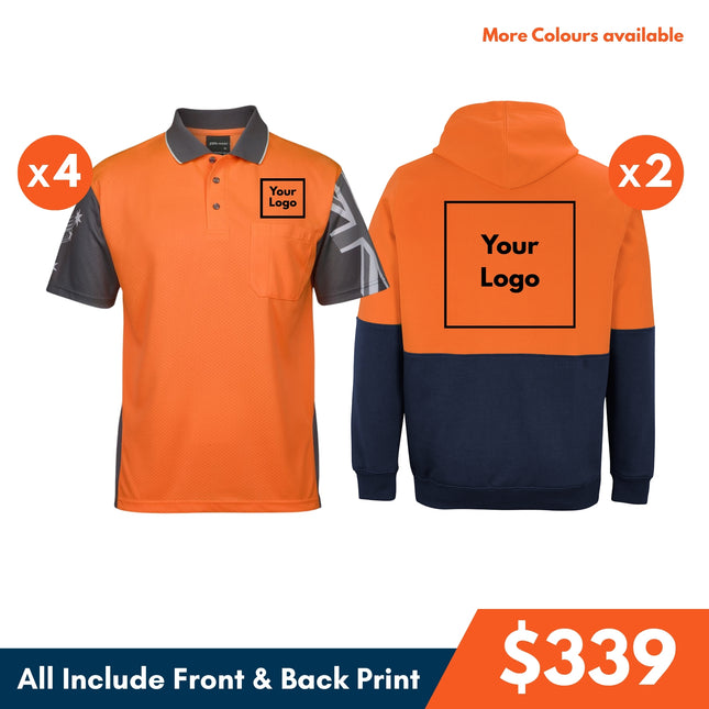4 Safety Polo Shirt + 2 Hoodie, Front and Back DTF print
