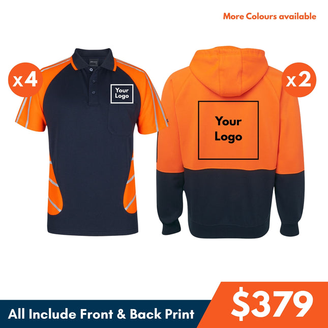 4 Safety Polo Shirt + 2 Hoodie, Front and Back DTF print