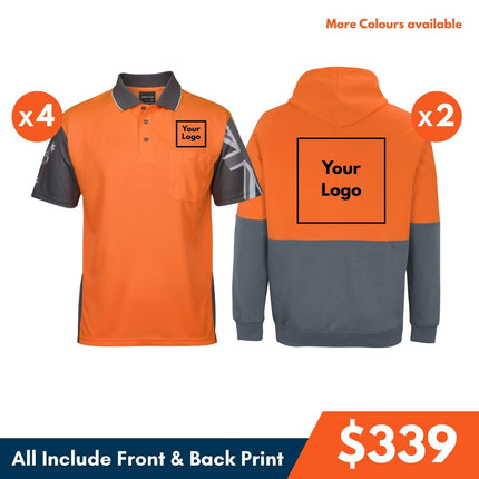 JB's Wear Hi-Vis Safety Custom Workwear Bundle – 4 Polo Shirts + 2 Hoodies with Free Logo