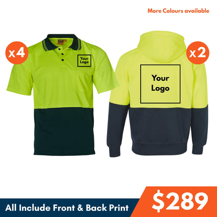 4 Safety Polo shirt + 2 Hoodie, Front and Back DTF print