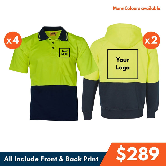 Winning Spirit Hi-Vis Safety Custom Workwear Bundle – 4 Polo Shirts + 2 Hoodies with Free Logo
