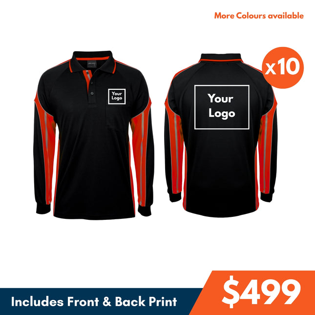10 Long Sleeve Polo, Logo Front and Back DTF Print
