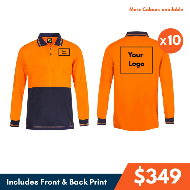 10 Safety Long Sleeve Polo, Front and Back DTF Print