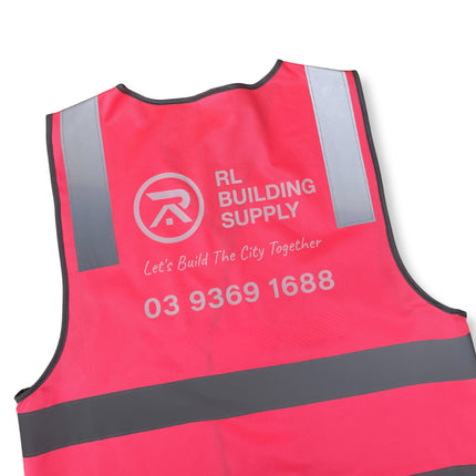 Red safety vest with RL Building Supply branding and contact information on a white background
