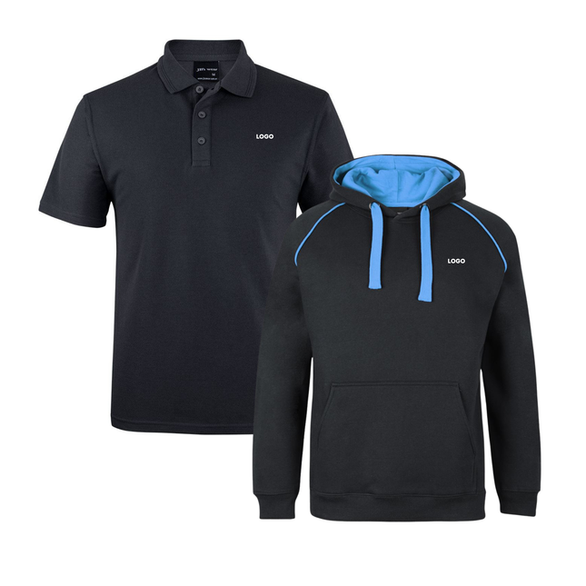 JB's Wear Uniform Bundle – 4 Polo Shirts + 2 Contrast Hoodies with Free Front Logo Embroidery