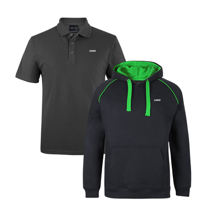 JB's Wear Uniform Bundle – 4 Polo Shirts + 2 Contrast Hoodies with Free Front Logo Embroidery