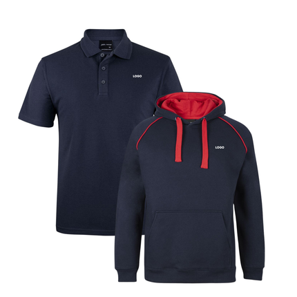 JB's Wear Uniform Bundle – 4 Polo Shirts + 2 Contrast Hoodies with Free Front Logo Embroidery