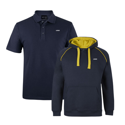 JB's Wear Uniform Bundle – 4 Polo Shirts + 2 Contrast Hoodies with Free Front Logo Embroidery
