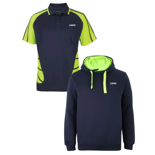 JB's Wear Hi-Vis Safety Custom Workwear Bundle – 4 Polo Shirts + 2 Hoodies with Free Logo