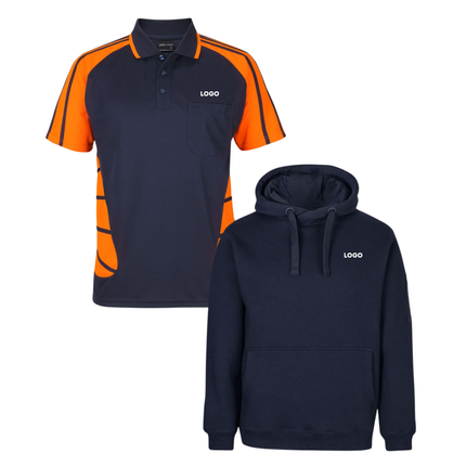 JB's Wear Hi-Vis Safety Custom Workwear Bundle – 4 Polo Shirts + 2 Hoodies with Free Logo