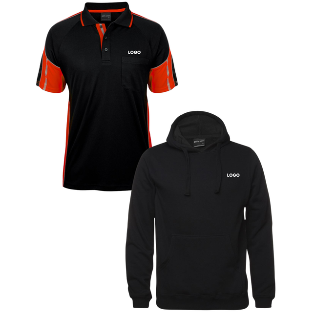 JB's Wear Custom Workwear Bundle – 4 Polo Shirts + 2 Hoodies with Free Logo & Embroidery