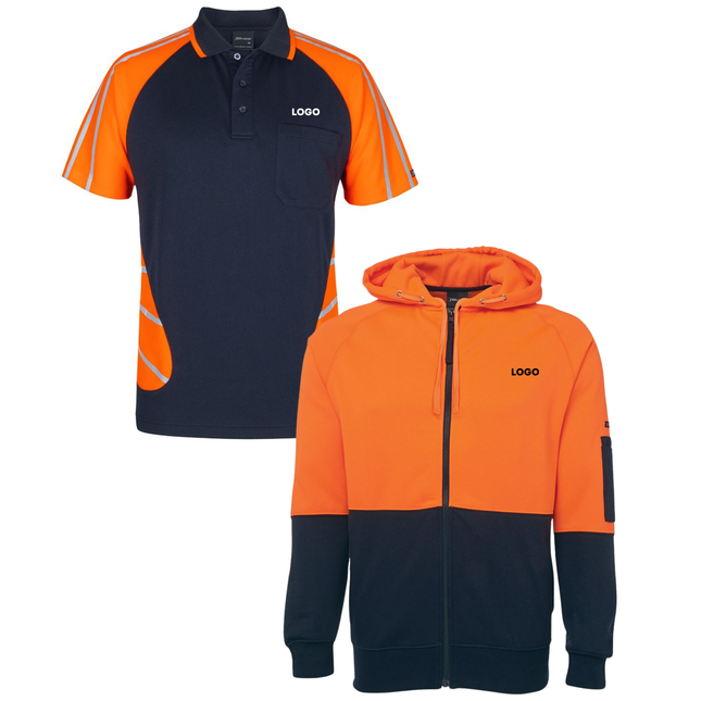 JB's Wear Hi-Vis Safety Custom Workwear Bundle – 4 Polo Shirts + 2 Hoodies with Free Logo