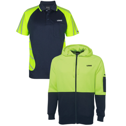 JB's Wear Hi-Vis Safety Custom Workwear Bundle – 4 Polo Shirts + 2 Hoodies with Free Logo