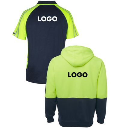 JB's Wear Hi-Vis Safety Custom Workwear Bundle – 4 Polo Shirts + 2 Hoodies with Free Logo