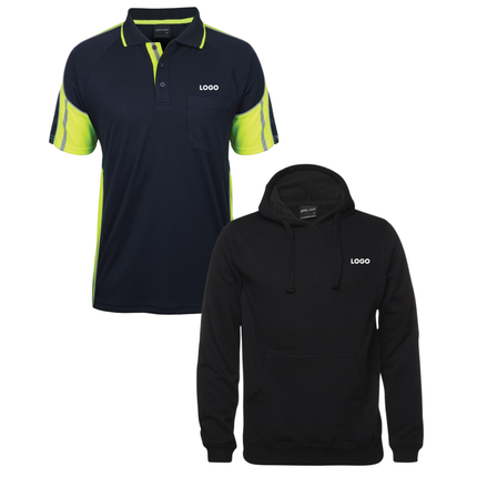 JB's Wear Custom Workwear Bundle – 4 Polo Shirts + 2 Hoodies with Free Logo & Embroidery