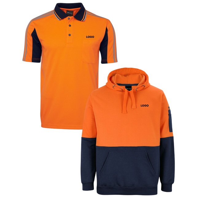 JB's Wear Hi-Vis Custom Workwear Bundle – 4 Polo Shirts + 2 Hoodies with Free Logo