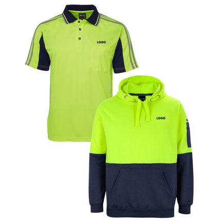 JB's Wear Hi-Vis Custom Workwear Bundle – 4 Polo Shirts + 2 Hoodies with Free Logo