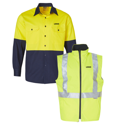 Winning Spirit Hi-Vis Safety Custom Workwear Bundle – 4 Long Sleeve Shirts + 2 Vests with Free Logo