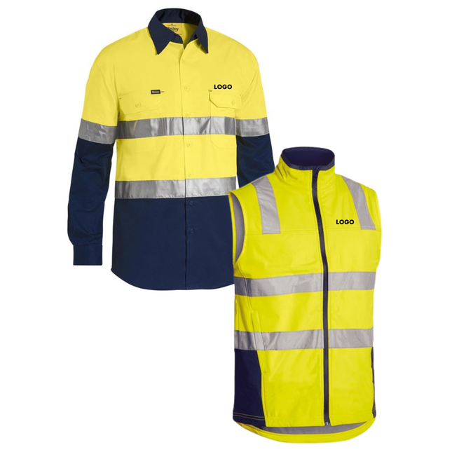 Bisley Hi-Vis Safety Custom Workwear Bundle – 4 Long Sleeve Shirts + 2 Vests with Free Logo