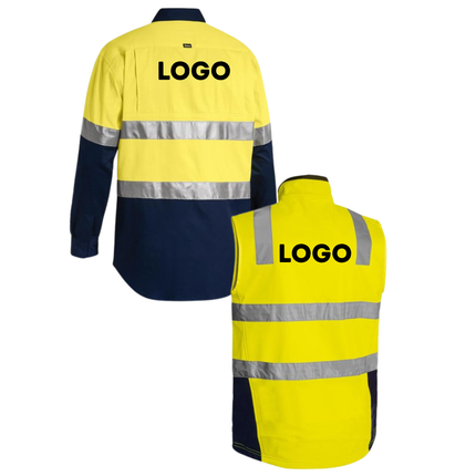 Bisley Hi-Vis Safety Custom Workwear Bundle – 4 Long Sleeve Shirts + 2 Vests with Free Logo