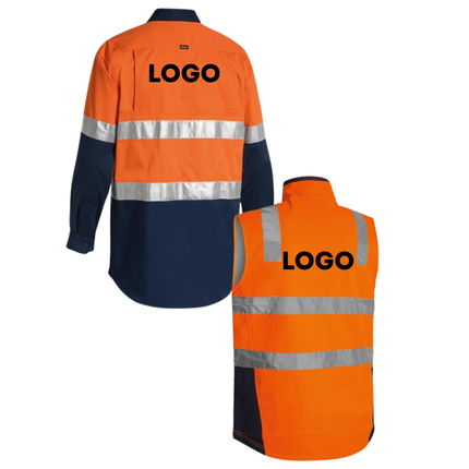 Bisley Hi-Vis Safety Custom Workwear Bundle – 4 Long Sleeve Shirts + 2 Vests with Free Logo