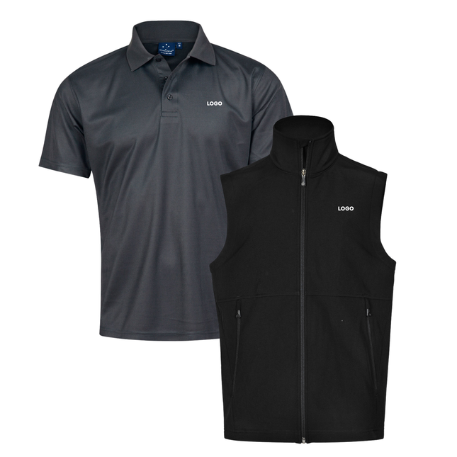 Winning Spirit Custom Workwear Bundle – 4 Polo Shirts + 2 Softshell Vests (Free Logo)