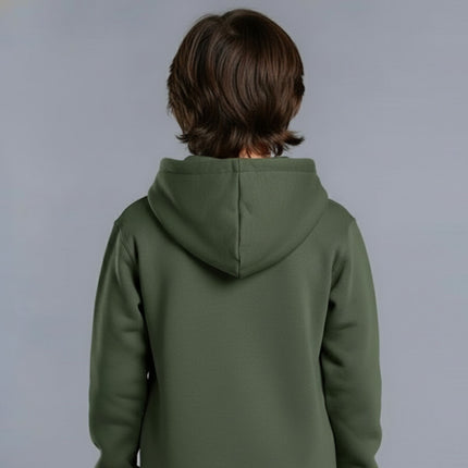 Person wearing a green hoodie from behind on a plain background