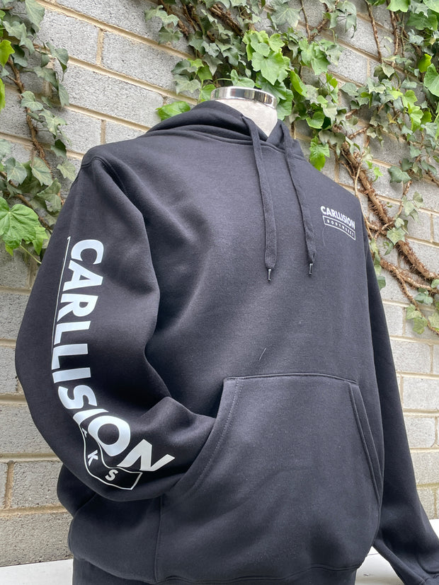 Custom printed black hoodie with 'CARLLISION' branding on the front chest and sleeve