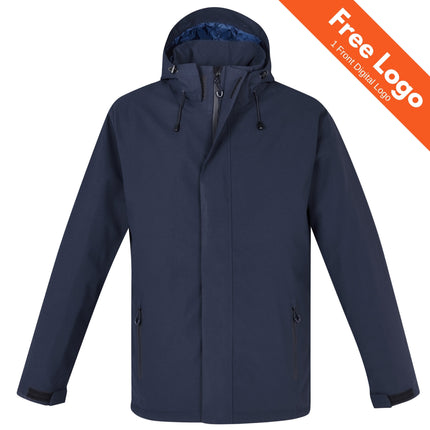 Biz Collection Men's Eclipse Waterproof Jacket in navy blue, shown on a white background with zippered pockets, adjustable hood, and an orange banner in the top right reading: Free Logo, 1 Front Digital Logo.