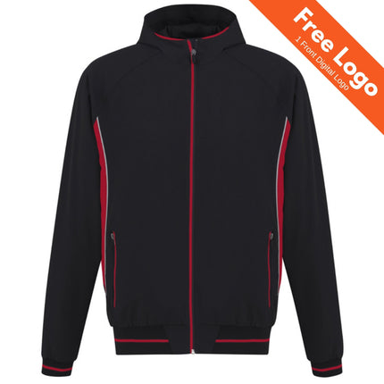 Biz Collection Kids' Titan 4-Way Stretch Jacket: Black active jacket with red accents, front zipper, zippered pockets, ribbed cuffs and hem. Orange banner reads "Free Logo 1 Front Digital Logo." UPF 50+ protection by Biz Collection.