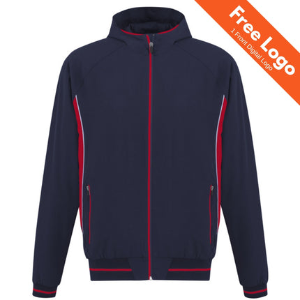 Biz Collection Men's Titan 4-Way Stretch Jacket in navy blue with red trim on the zip, pockets, and cuffs plus white sleeve accents. An orange banner reads "Free Logo | 1 Front Digital Logo"—perfect for branded workwear or uniforms.