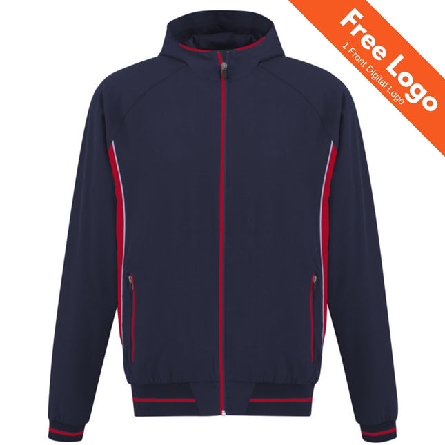 Biz Collection Men's Titan 4-Way Stretch Jacket in navy blue with red trim on the zip, pockets, and cuffs plus white sleeve accents. An orange banner reads "Free Logo | 1 Front Digital Logo"—perfect for branded workwear or uniforms.
