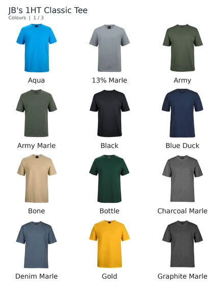 JB's 1HT Classic Tee colour chart showing Aqua, 13% Marle, Army, Army Marle, Black, Blue Duck, Bone, Bottle, Charcoal Marle, Denim Marle, Gold, Graphite Marle.