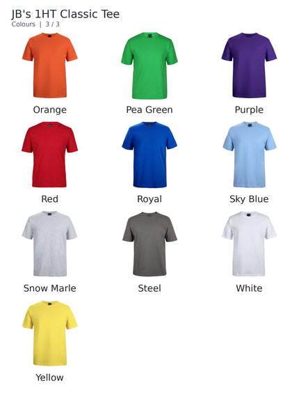 JB's 1HT Classic Tee colour chart showing Orange, Pea Green, Purple, Red, Royal, Sky Blue, Snow Marle, Steel, White, Yellow.