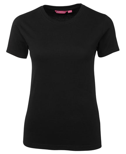 Unbranded JB's 1LHT Ladies Tee in Black, front view showing its crew neckline, short sleeves and hem on a white background.