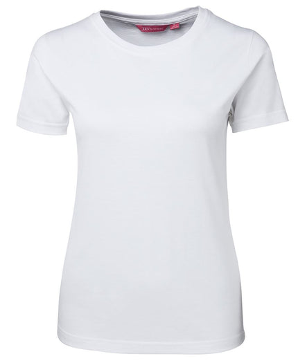 Unbranded JB's 1LHT Ladies Tee in White, front view showing its crew neckline and short sleeves on a white background.