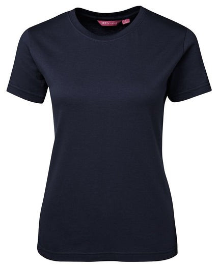 Unbranded JB's 1LHT Ladies Tee in Navy, front view showing its crew neckline and short sleeves on a white background.