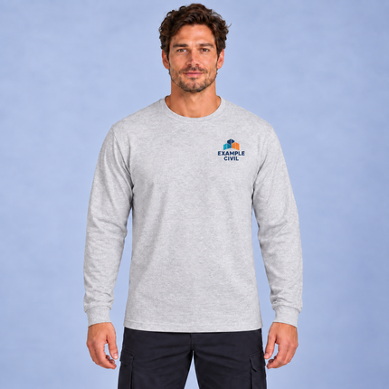 Model wearing JB's 1LS long sleeve tee in Snow Marle with a full-colour EXAMPLE CIVIL left-chest print