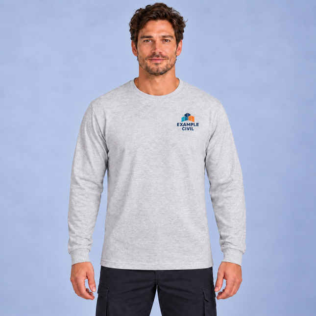 Model wearing JB's 1LS long sleeve tee in Snow Marle with a full-colour EXAMPLE CIVIL left-chest print