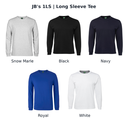 JB's Long Sleeve Tee colour chart in Snow Marle, Black, Navy, Royal and White.