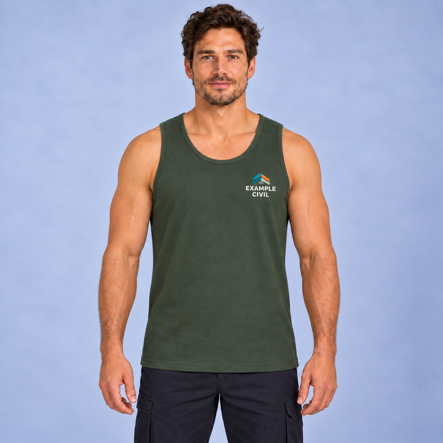 Model wearing JB's 1S singlet in Army with a full-colour EXAMPLE CIVIL left-chest print