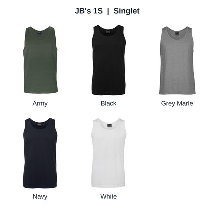 JB's 1S singlet colour chart showing Army, Black, Grey Marle, Navy, White