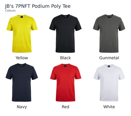 JB's 7PNFT Podium Poly Tee colour chart showing Yellow, Black, Gunmetal, Navy, Red, White.